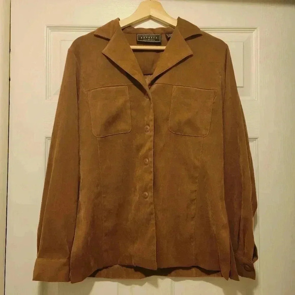 Vintage Express Women's Dress Shirt Button Up Brown Stretch Faux Suede Camel - Picture 1 of 7